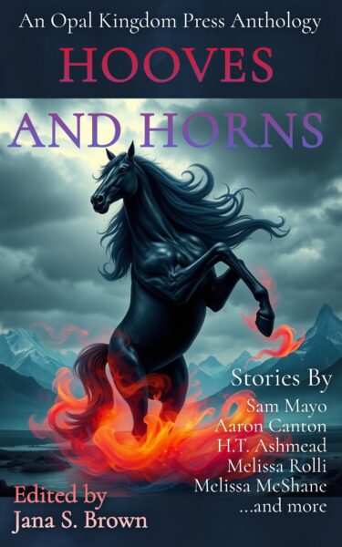 Ebook cover image for "Hooves and Horns" showing a rearing black stallion with a stormy sky in the background.